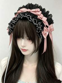 1pc Hair Bands For Women - Lace Bow Double Clip Lightweight Hairband, Cute Maid Cosplay Blue & White Accessory​ - 淺藍色 - 查看 2