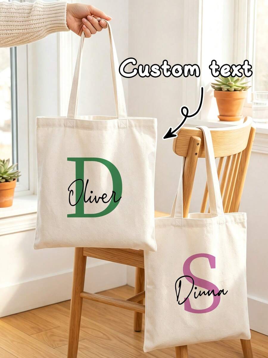 Customized Name Halloween Ghost Letter Tote Bag, Personalized Pumpkin Bat Pattern Canvas Handbag, Large Capacity Reusable Holiday Party Gift Shopping Shoulder Bag - Multicolor - View 1