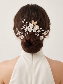 3pcs French Fairy White Flower Pearl Rhinestone U-Shaped Hair Pins, Bridal Wedding Updo Hair Accessories, Handmade Woven Alloy Hair Ornament Set - Gold - View 2