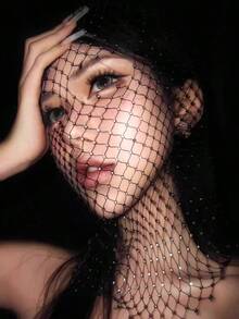 European And American Style Hot Girl Rhinestone Face Mask Elastic Black Mesh Head Cover Headscarf Sparkling Rhinestone Music Festival Fishnet Veil Atmosphere - Multicolor - View 9
