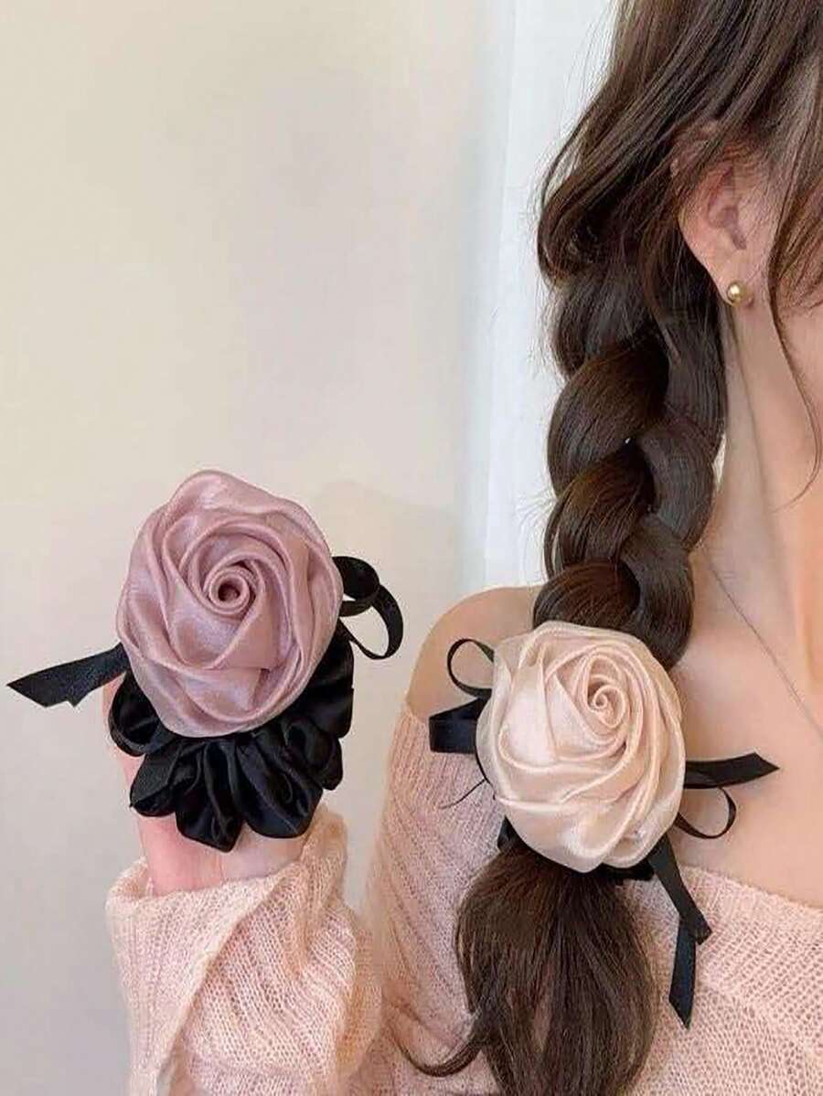 1 Ikat Rambut Pita Mawar Satin, Gaya Retro Prancis Mewah, Aksesori Rambut Ekor Kuda Rendah Musim Semi/Panas, Ikat Rambut Estetis yang Lembut - MultiWarna - View 1