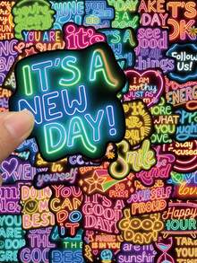 50pcs Positive Affirmation Quote Neon Stickers Neon Light Aesthetic Decal DIY Scrapbook Phone Fridges Drum Laptop Suitcase Decorative Stickers - Multicolor - View 9