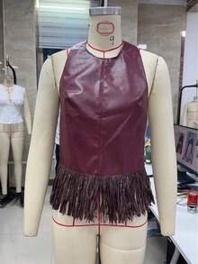 Womens Tassel Halter Tank Tops Summer Fashionable Solid Color Backless Faux Leather Vest(No Model Photos, Real Product As Shown) - Brown - View 11