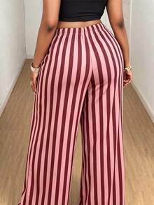 Lightweight Woven Striped Lounge Pants For Women, Plus Size Drawstring Elastic Waist Loose Draping Home Pajama Trousers - Red Violet - View 2