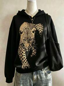 Tween Girl 1pc Leopard Print Thermal Lined Thick Warm Hooded Sweatshirt, Young Student Children's Clothing, Suitable For Kids' Autumn/Winter Wear - Black - View 4