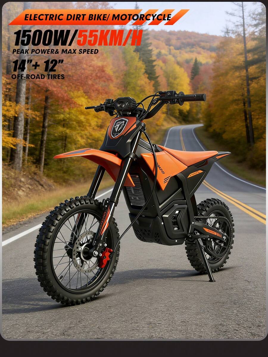 Mankeel Off-Road Electric Dirt Bike For Adults, 1500W (Peak 3000W) Motor Pitbike, 48V 20.8Ah Battery, 14"+12" Wheels. Max 34Mph & 38 Miles Range, Hydraulic Suspension & Oil Brakes. Powerful E-Motorcycle For Outdoor Adventure & Commuting, Ideal Gift - 查看 1