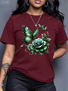 Women'S Casual Crew Neck T-Shirt With Purple Rose And Butterfly Graphic Print,Ideal Birthday Or Holiday Gift, White And Navy The-Shoulder Cropped Top - 酒紅色 - 查看 3