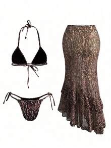 Leopard Print Backless Lace Up Bikini Three Pieces Set Ruffle Edge Dress,Sexy Elegant Women's Summer Casual Beach Vacation Party Fashionable Swimwear - Brown - View 2