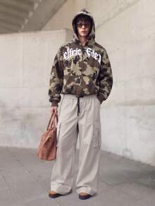 Men's Cargo Pants Elastic Waist Long Pants Woven Straight Leg Loose Casual Minimalist Style Dual Pockets Drawstring Cargo Long Pants Spring Summer - Apricot - View 4