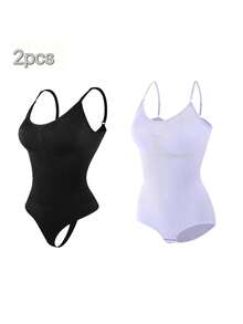 2Pcs High Waist Tummy Control Thong Bodysuit Figure - 黑紫 - 查看 1