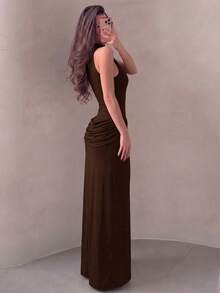 Solid Color Elegant Ruffled Hem Zipper Maxi Dress, Beach - Brown - View 3
