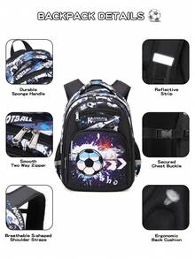 2047 Black Soccer Elementary School Backpack Personalized Children's Backpack - Black Football - View 6