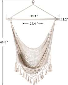 Hamaca de cuerda de algodón tejida a mano con barra separadora de metal, silla colgante para interiores y exteriores con borlas, jardín, patio, habitación, color blanco SandyBeach AAPF - Gris - Ver 11