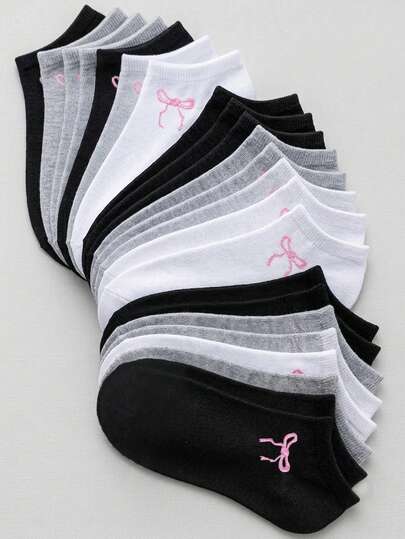20 Pairs Solid Color Bow Knot Comfortable Breathable Short Socks, Casual Boat Socks, Regular Small Logo Minimalist Style
