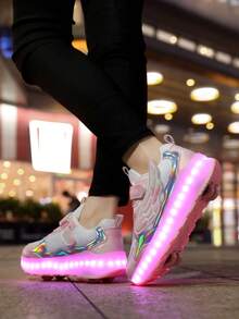 女孩 LED 充電發光輪滑鞋，多功能可變形輪滑鞋，可拆卸輪子，適合四季穿著 - 粉色 - 查看 9