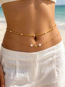2 Peças Corrente de Cintura Feminina Estilo Boêmio Clássico de Férias, Corrente de Contas de Arroz Amarelo Dourado com Estrela-do-Mar e Pérola Falsa, Camada Dupla Destacável, Elegante e Requintada, Adequada para Uso Diário, Festa, Encontro, Praia, Litoral e Maiô Bikini - Contas douradas e estrelas-do-mar - Visão 9