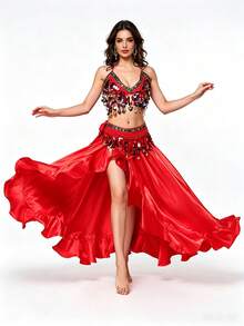 Sequin Spaghetti Strap Collar + Flowing Dance Skirt Inner Layer + Coin Tassel Waist Chain - Belly Dance Performance Festival Decorative Costume - Multicolor - View 7