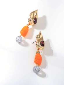 1 Pair Elegant Vintage Bohemian Style Alloy Water Drop Asymmetrical Orange Acrylic Block Pendant Earrings, Suitable For Women's Vacation, Party, Date And Daily Wear - Gold - View 5