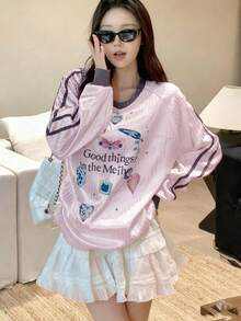 Women's Printed Short Sleeve T-Shirt, Fun Multi-Print Pattern Sporty V-Neck Long Sleeve Jersey T-Shirt Tee Pink - Pink - View 4