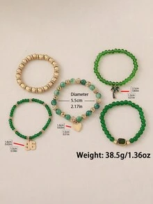 5pcs Saudi Arabia 96th National Day Palm Tree & Number Heart Pendant Green Beaded Layered Bracelet Set, Suitable For Women's Daily, Holiday, Party, Gathering, Nightclub, Celebration, Carnival Matching Wear - Green - View 5
