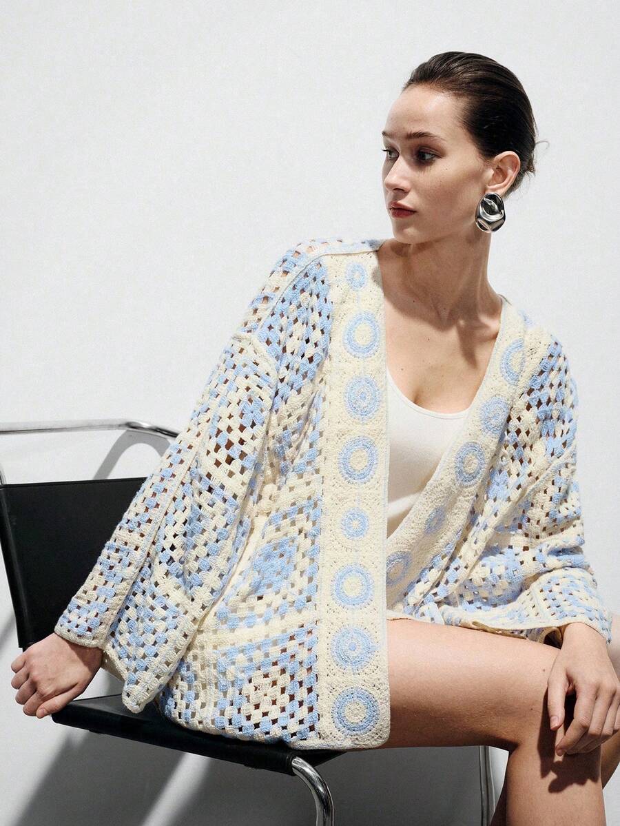 Women's Crochet Knit Cardigan, Cut-Out - Blue-white 2 - View 1
