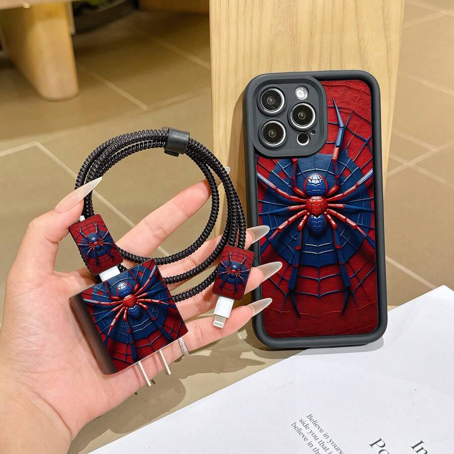 6件組液態黑色蜘蛛手機殼圖案 + 充電頭保護套 + 線材保護套 + 收納繩 + 數據線保護纏繩 TPU 防摔保護殼,適用於 Apple 17 16e 16 15 14 13 12 11 Mini Pro Max Air X XR XSMAX 8 7 Plus,防摔磨砂背殼,智慧型手機保護殼,日常使用殼,時尚手機配件,創意設計,UV 印刷設計,時尚保護殼,時尚愛好者,音樂愛好者,生日禮物首選 - 彩色 - 查看 1
