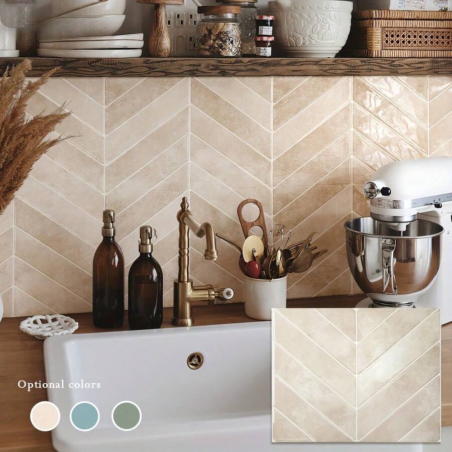 Beige Diagonal Textured Self-Adhesive Wall Tiles, Waterproof Oil-Proof Stain-Resistant Cuttable, Suitable For Kitchen Bathroom Home Decor, Rental-Friendly DIY Wall Renovation Stickers - V-shaped Tiles - View 1