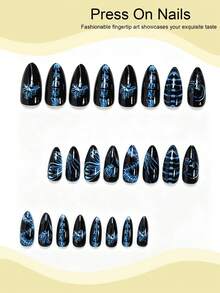 Decorate Your Halloween With Nail Art! 24pcs Almond Shaped Spooky Dark Style Blue & Black Contrast Skull Flower Design Halloween Nail Stickers, Fashionable Vintage Blue Butterfly Rose Skeleton Pattern Y2K Punk Style Almond Shaped Nail Patches, Includes 1pc Jelly Glue And 1pc Nail File (Jelly Glue Randomly Shipped), Suitable For Women And Girls As Halloween Gifts, Can Be Used For Parties, Gatherings And Other Occasions - Multicolor - View 2