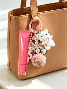 Cute Korean Style Keychain, Resin Heart-Shaped Teddy Bear Slanted Lipstick Tube Keychain, Spring Lip Gloss Keychain, Multi-Functional Car Bag Hanging Keychain, Refillable Squeeze Cosmetic Dispenser Bottle, Portable Personal Makeup Organizer, Wedding Accessory, Perfect Birthday Mother's Day Back To School Gift, Summer Travel Vacation Daily Essential - Multicolor - View 14