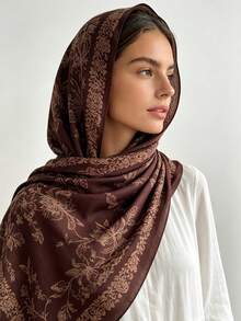 1pc 73*185cm Gradient Dark Brown Full Floral Butterfly Pattern Scarf, Medium Thick Multi-Way Shawl Headscarf, All Seasons Casual Wear - Multicolor - View 3