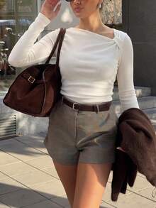 女款羅紋不對稱領長袖修身上衣 - 白色 - 查看 5