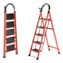Escalera De Tijera Tubular Plegable 5 Peldaños Color Rojo Resistente Antideslizante Portátil Para Hogar Limpieza Reparaciones - Rojo - Ver 1