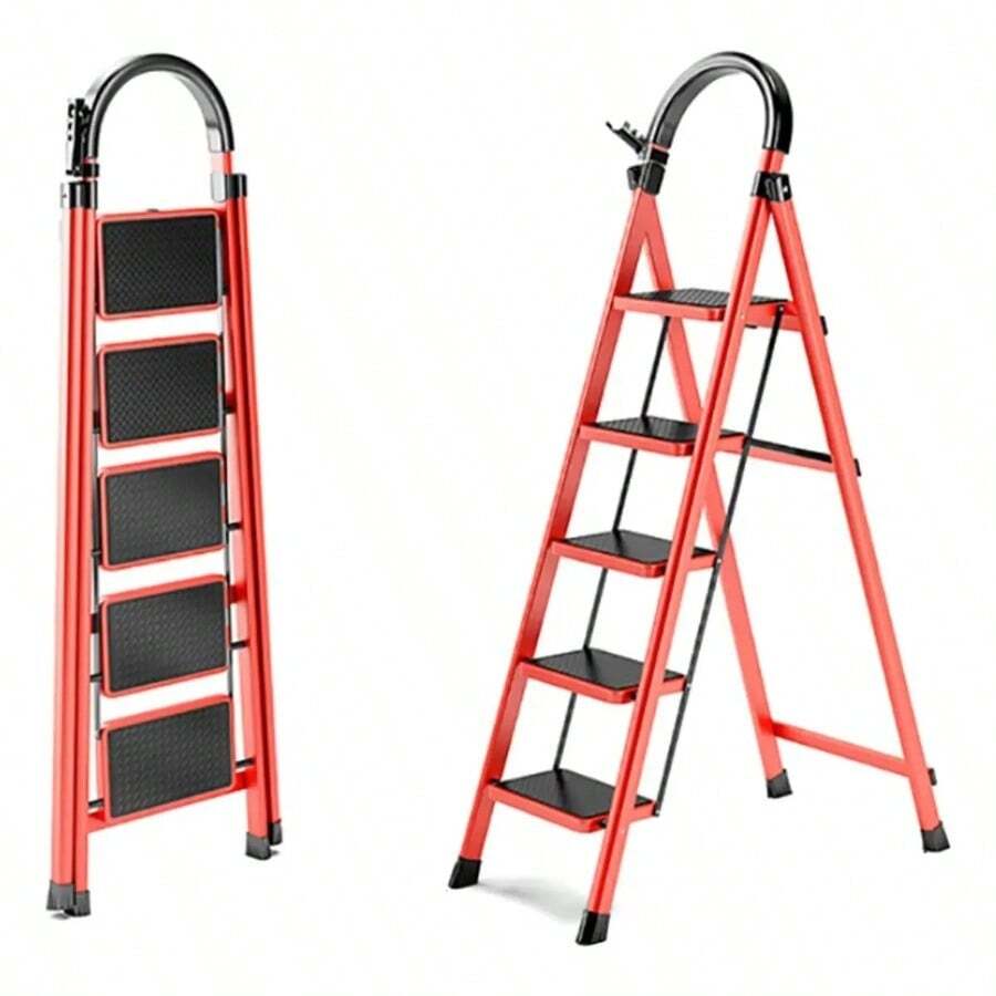 Escalera De Tijera Tubular Plegable 5 Peldaños Color Rojo Resistente Antideslizante Portátil Para Hogar Limpieza Reparaciones - Rojo - Ver 1