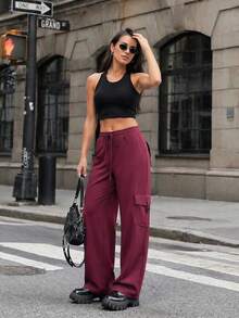 Burgundy Drawstring Waist Multi-Pocket Wide Leg Cargo Pants For Women, European & American Street Cool Hot Girl Style, Spring/Autumn Loose Drape Casual Pants - Burgundy - View 3