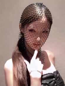 European And American Style Hot Girl Rhinestone Face Mask Elastic Black Mesh Head Cover Headscarf Sparkling Rhinestone Music Festival Fishnet Veil Atmosphere - Multicolor - View 8