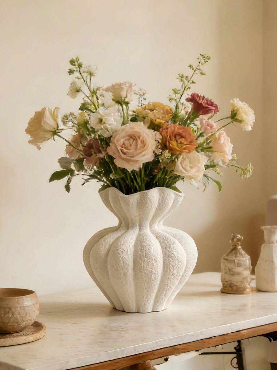 白色裝飾花瓶 4.72 英吋現代波希米亞風白色花瓶 家居裝飾獨特花瓶 適用於農舍風客廳櫥櫃桌面中心裝飾品 婚禮裝飾
