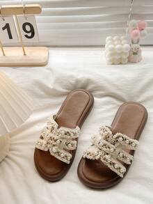 Sandalias planas de perlas francesas 2026, sandalias de playa de moda, zapatillas casuales de moda, boda - Beis - Ver 4