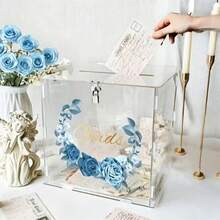 Blue Floral Semi-Circular Wreath Transparent Acrylic Card Box, Transparent Acrylic Wedding Card Box With Lock, Blessing Sign-In Box, Blue Rose Gold Foil Card Storage Box, Wedding Celebration Birthday Party Money Box, High-End INS Style Greeting Card Collection Box, Customizable Text, Engagement Party Decor Ornament, Transparent Money Box, Dreamy Blue Floral Design - 1PC - View 3