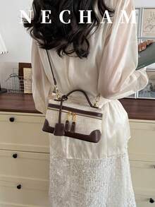 1pc Korean Style Ins Polka Dot All-Over Print Lunch Box Bag, Fashion Daily Shoulder Bag - Beige - View 2