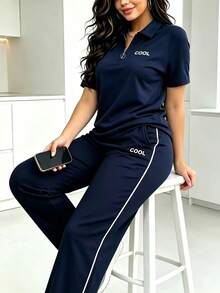 Women's New Summer/Autumn 2-Piece Set: Personalized Letter Print Lapel Zip-Up Short Sleeve T-Shirt With High-Waist Drawstring Straight Leg Elegant - Navy - View 7