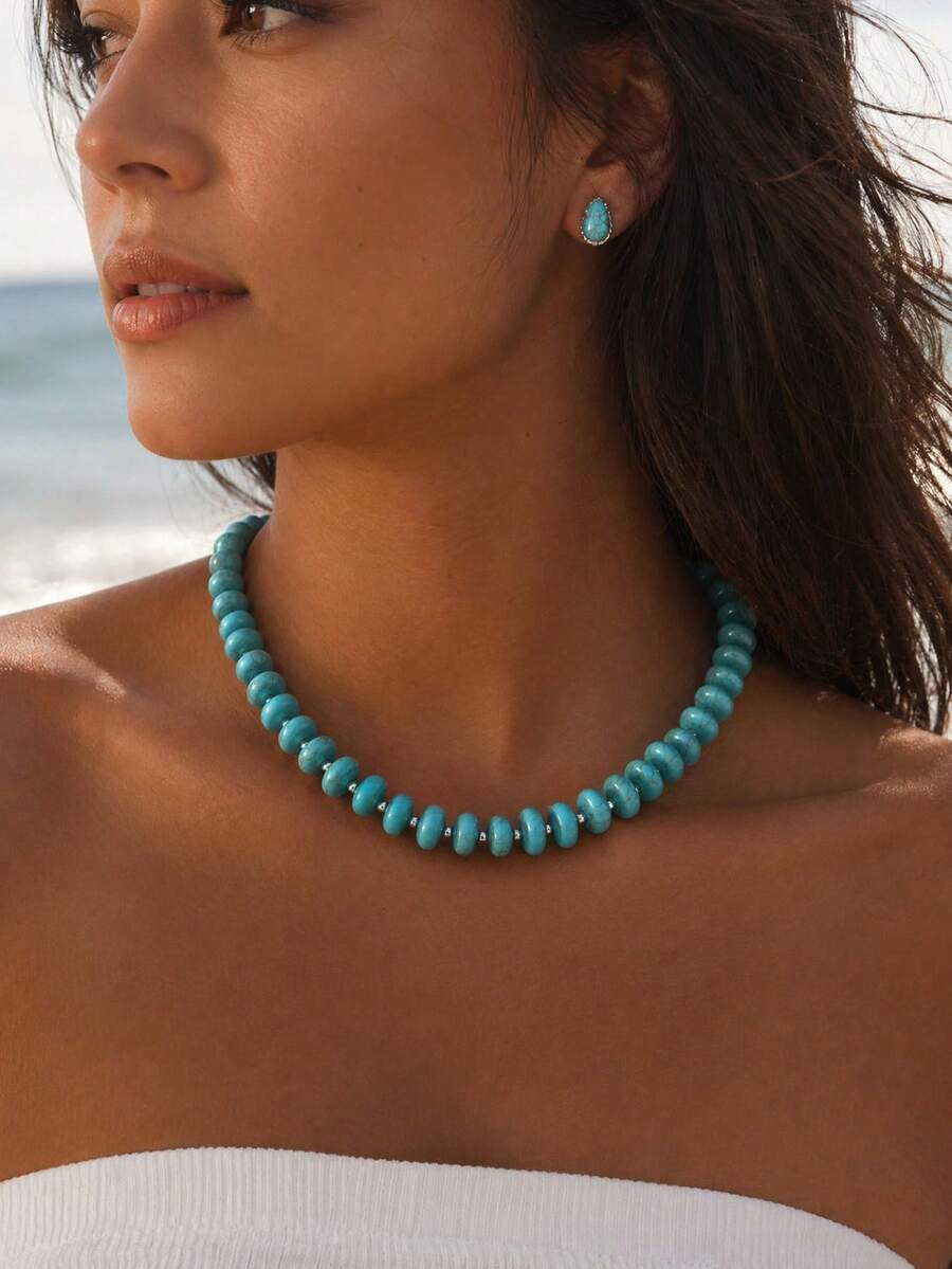 1pc Luxury Heavy-Feel Western Style Necklace With Turquoise Decor, Fashionable Versatile Collarbone Chain Jewelry For Women, Suitable For Daily Wear, Dates, Parties And Music Festivals - Multicolor - View 1