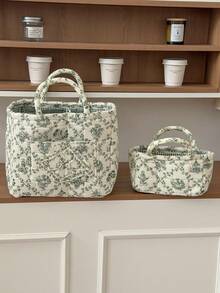 1pc Set French Vine Storage Basket Vintage Blue White Floral Quilted Handheld Portable Cosmetic Sundries Desktop Organizer Container Box Home Decor Craft Gift - View 19