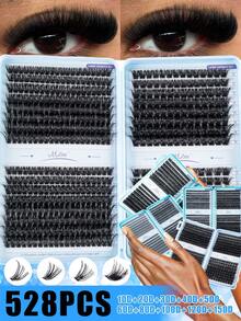 640/528pcs D Curl Faux Mink False Eyelashes Set, 10D-150D Mixed Density, Soft & Lightweight Self-Adhesive DIY Cluster Lashes, Suitable For Daily Home Layered Eye Makeup - D - View 1