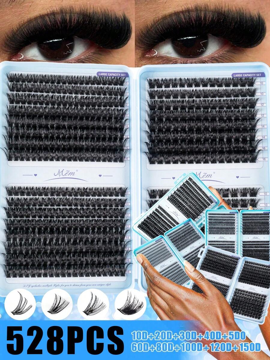 640/528pcs D Curl Faux Mink False Eyelashes Set, 10D-150D Mixed Density, Soft & Lightweight Self-Adhesive DIY Cluster Lashes, Suitable For Daily Home Layered Eye Makeup - D - View 1
