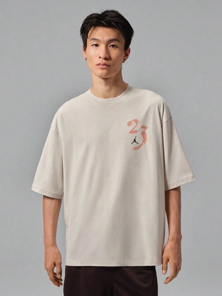 Jordan Men's AS DF SPT STMT GFX SS Crew Short Sleeve T-Shirt Knit Collarless Short TIQ7287-104 - Beige - View 1