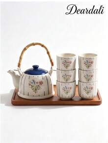 DearDali 1 Set Modern Minimalist Striped Floral Ceramic Teapot Set, Home Tea Cups, Teapot With Tray, Gift Box Packaging, Suitable For Afternoon Tea, Family Gathering, Living Room Decoration, Friend Gift - Multicolor - View 18
