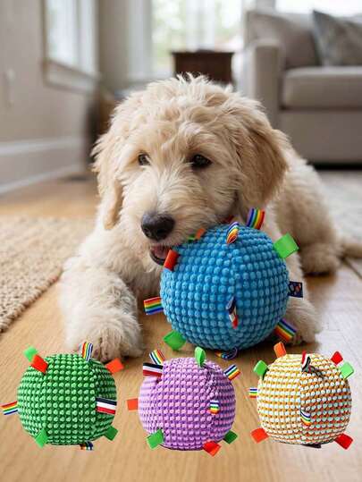 1pc Colorful Ribbon Plush Dog Toy Ball, Soft Textured Squeaky Interactive Pet Chew Toy, Durable Teething Toy, Suitable For Small And Medium Dogs, Anxiety Relief Puppy Play Toy
