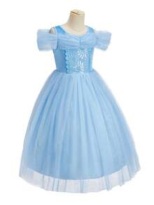 4pcs/Set Girls Light Blue Floral Pattern Tulle Petal Sleeve Dress, Crown, Magic Wand, Handbag Set, Children's Role Play Dress Outfit For Party, Christmas, Carnival - Light Blue - View 8