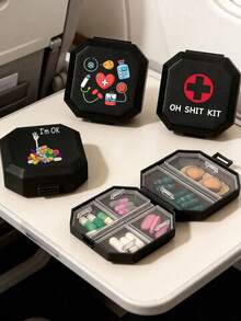 Portable Octagonal Divided Pill Box, Unisex Pill Box With Funny Capsule, Pill, Letter, And Medicine Bottle Patterns, Waterproof Mini Travel Pill Box, Portable First Aid Kit, 6-Compartment Capsule/Pill Storage Box, Travel Pill Box, Moisture-Proof Pill And Vitamin Container Dispenser, Essential For Travel And Home, Lightweight Pocket-Sized, Dust-Proof Design, Suitable For Daily Commute, Hiking, Business Travel, Or Camping, Creative And Practical Gift - Multicolor - View 3