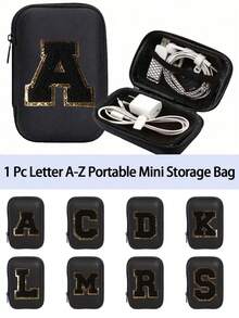 Portable Mini Transparent Zipper Storage Bag, Letter Gold-Trimmed Towel Embroidered Digital Storage Pouch, Black Waterproof Hard Shell Data Cable Earphone Organizer Box, Double-Layer Partition Anti-Pressure Anti-Drop Portable Storage Bag, College Style Customizable Initial; Suitable For All Seasons, Ideal For Students, Office Workers, Travel And Business Trips, Fits Back To School, Commuting, Short Trips, Can Store Charging Cables, Charging Heads, USB Drives, Simple Neutral Portable Digital Storage Bag, Creative Back To School Gift - Multicolor - View 3